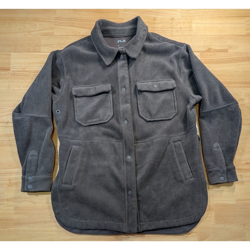FLX Mens Travel Leisure Fleece Shirt Jacket Charcoal Gray Shacket Size Medium